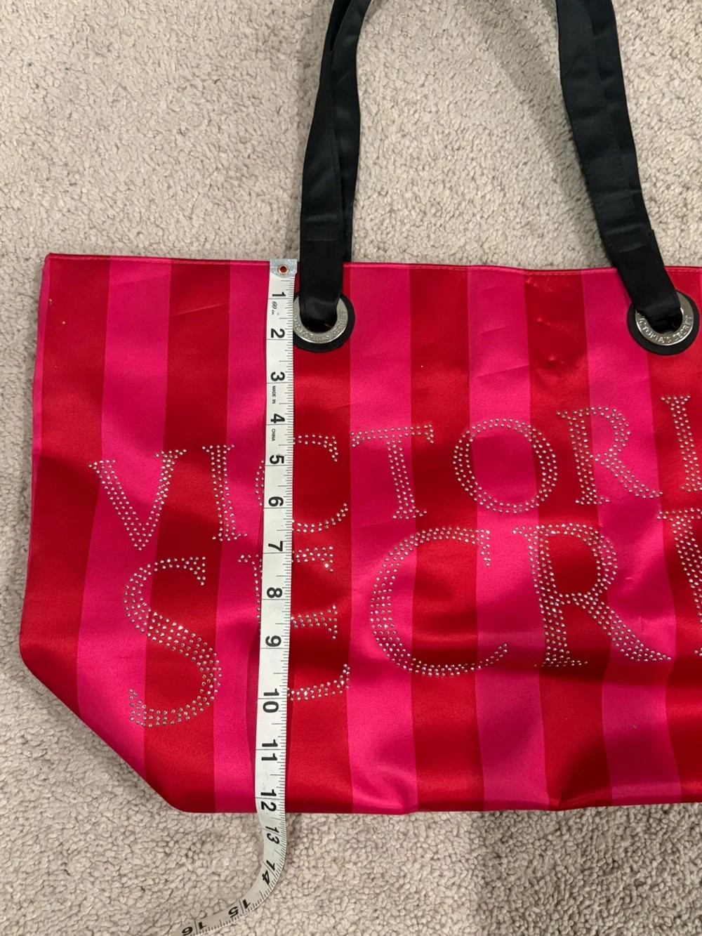 Victoria's Secret Hot Pink and Fuchsia Striped Tote with Rhinestone Logo